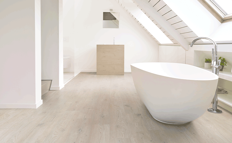 luxury vinyl plank flooring in minimalist bathroom